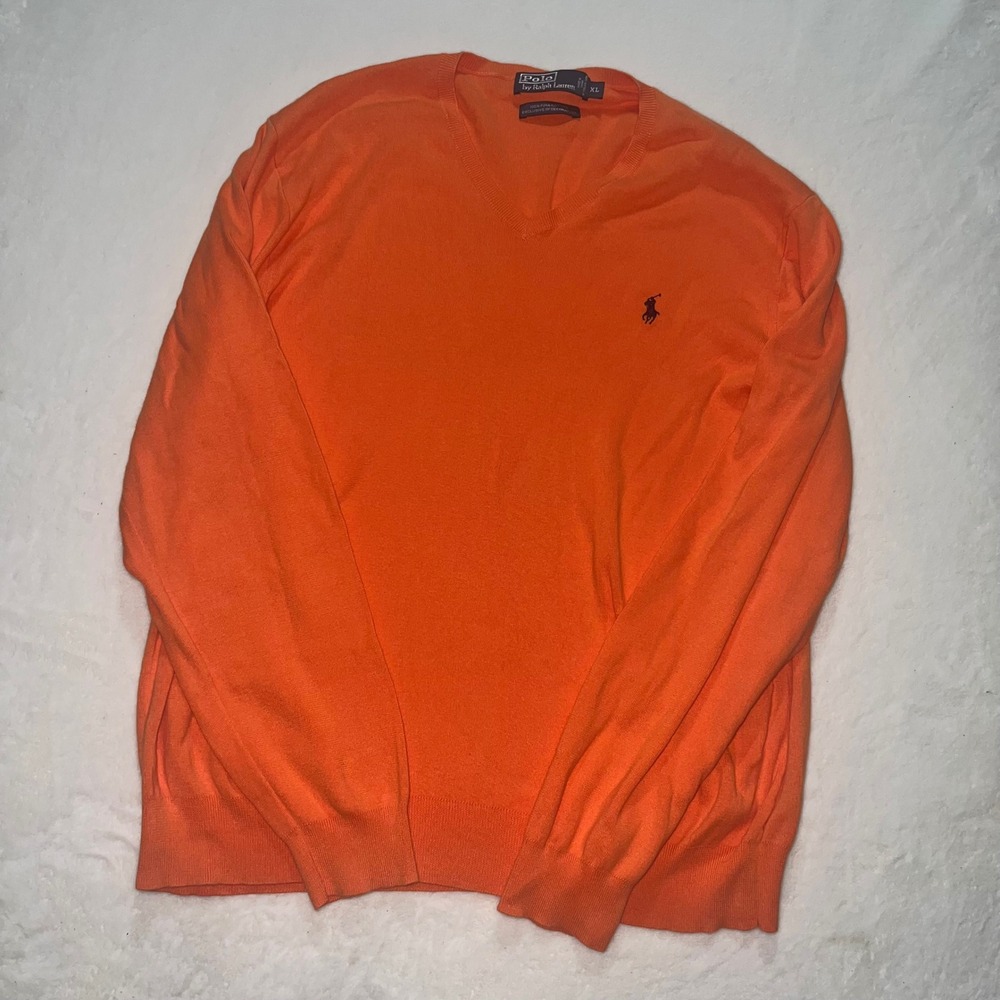Polo Ralph Lauren Mens Orange Pima‎ Cotton V-Neck Sweater XL Preppy Ivy League